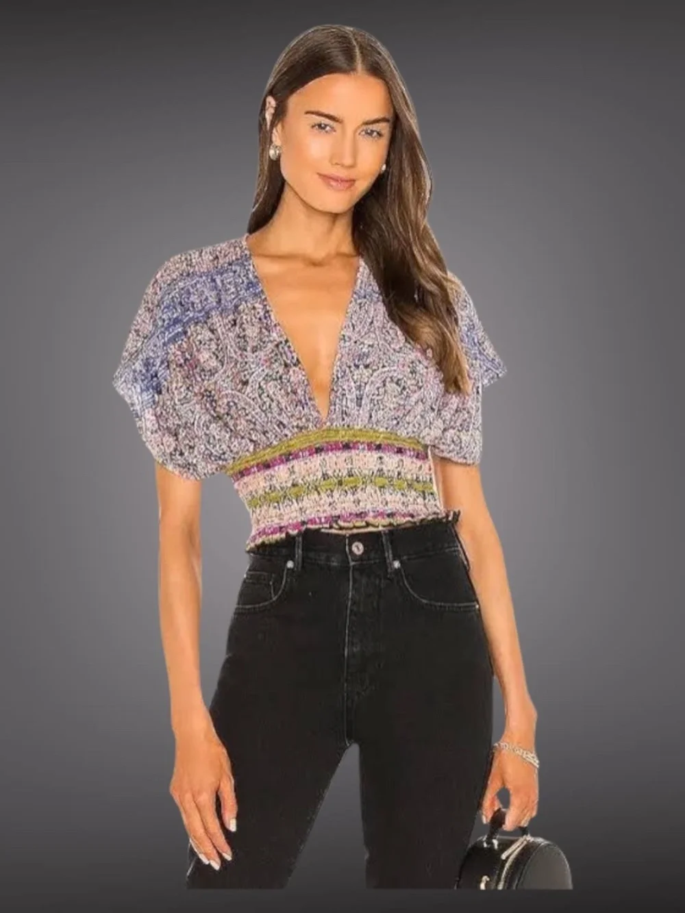 FREE PEOPLE Next Vacation M Top Deep V-Neck Wide Smocked Waist Pretty Blues NWT